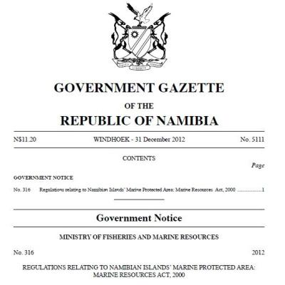 Regulations relating to Namibian Islands’ Marine Protected Area: Marine Resources Act, 2000